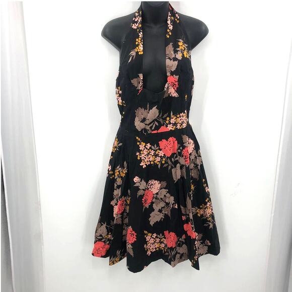 Vintage Sleeveless Belted Fit Flare Dress Halter Neck Backless Floral Circle - Picture 2 of 12